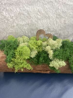 Zuzmókompozíció natúr favályúban - fa szívvel